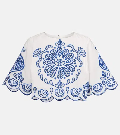 Farm Rio Embroidered Cotton Crop Top In White