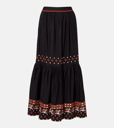 Farm Rio Embroidered Cotton Maxi Skirt In Black