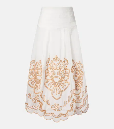 Farm Rio Embroidered Cotton Midi Skirt In White