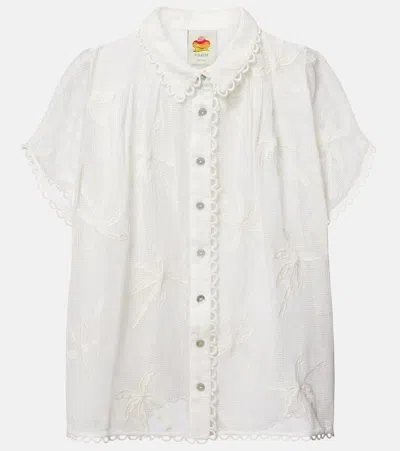 Farm Rio Embroidered Cotton Shirt In White