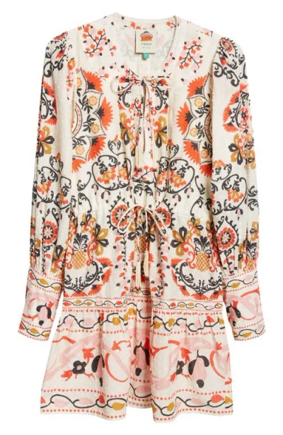 Farm Rio Embroidered Detail Mixed Print Long Sleeve Cotton Dres In Cashew Mandala Cream