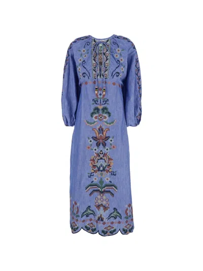 Farm Rio Blue Crew Neck Dress With Knot Closure And All-over Embroidery In Fabric Woman