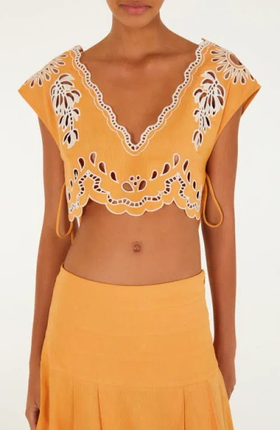 Farm Rio Embroidered Eyelet Crop Top In Orange
