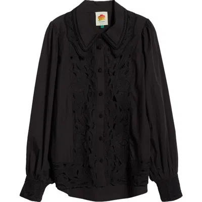Farm Rio Embroidered Eyelet Puff Sleeve Button-up Shirt In Black
