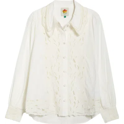 Farm Rio Embroidered Eyelet Puff Sleeve Button-up Shirt In White