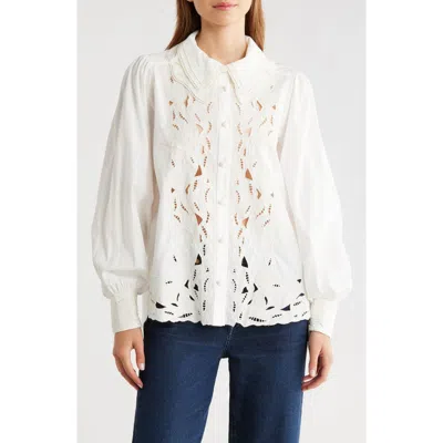Farm Rio Embroidered Eyelet Puff Sleeve Button-up Shirt In White