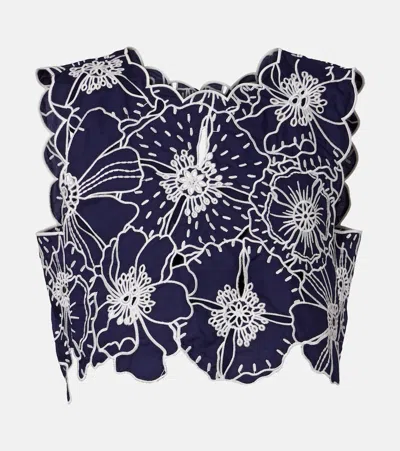 Farm Rio Embroidered Floral Cotton Crop Top In Blue