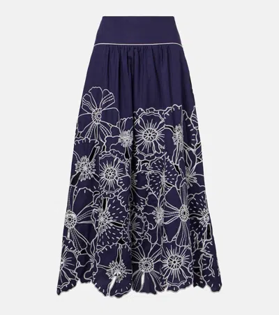 Farm Rio Embroidered Floral Cotton Midi Skirt In Blue