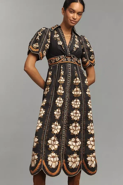 Farm Rio Embroidered Floral Short-sleeve Midi Dress In Black