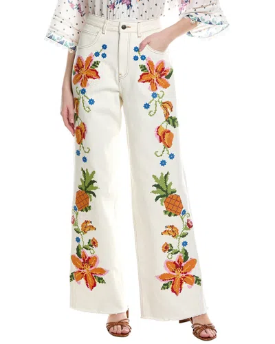 Farm Rio Embroidered Floral Twill Pant In White