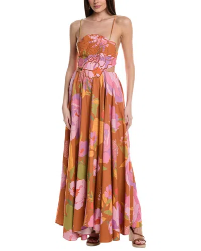 Farm Rio Embroidered Flower Top Linen-blend Maxi Dress In Orange
