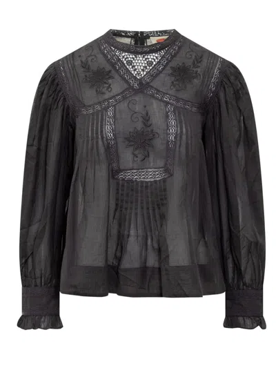 Farm Rio Embroidered Lace Blouse In Black