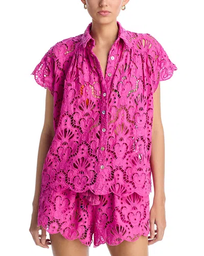 Farm Rio Embroidered Lace Cover-up Shirt In Pink