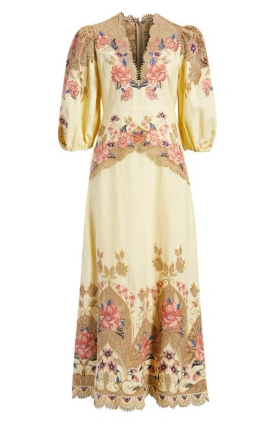 Farm Rio Embroidered Lace Linen Blend Midi Dress In Yellow
