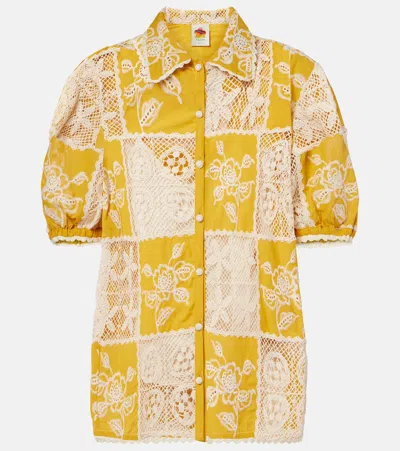 Farm Rio Embroidered Lace-trimmed Cotton Shirt In Yellow