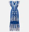 Farm Rio Embroidered Linen-blend Maxi Dress In Blue
