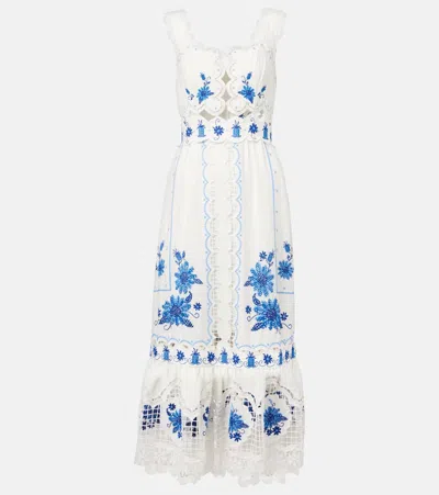 FARM RIO EMBROIDERED LINEN-BLEND MIDI DRESS