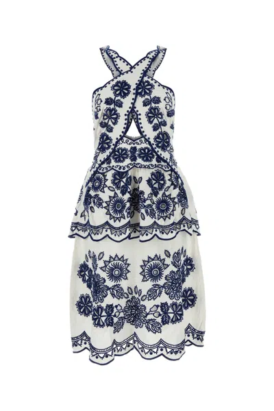 FARM RIO EMBROIDERED LINEN BLEND RICHELIEU DRESS