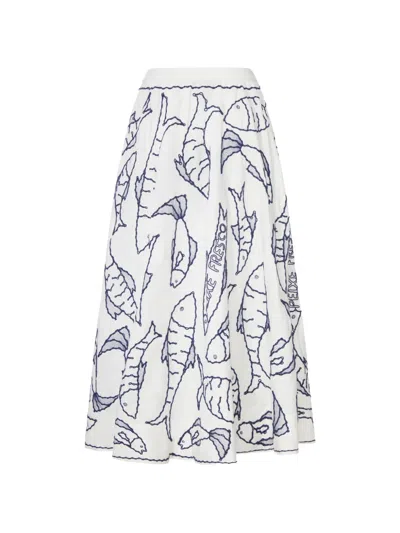 Farm Rio Fresh Fish Embroidered Linen-blend Midi Skirt In Neutral