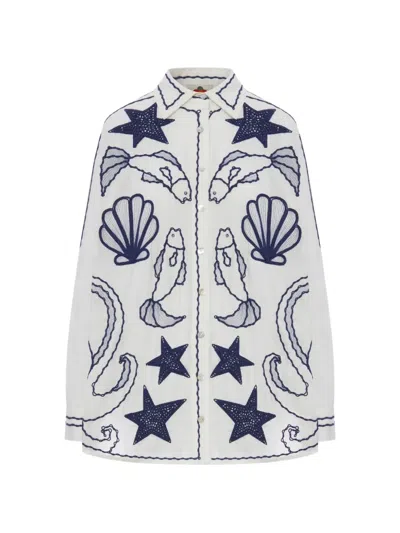 Farm Rio Fish Shell Star Embroidered Long Sleeve Shirt In White