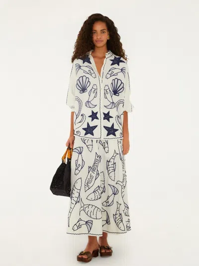 Farm Rio Embroidered Linen-blend Midi Skirt With Side Zip In Bianco