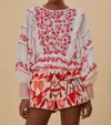 FARM RIO EMBROIDERED LONG SLEEVE BLOUSE IN OFF-WHITE AND RED