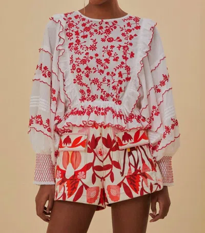 Farm Rio Long-sleeve Embroidered Blouse In Multi