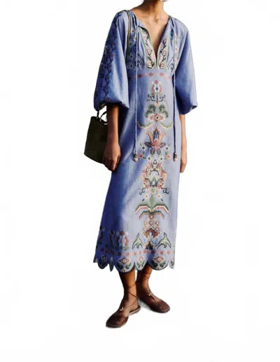 Farm Rio Embroidered Long Sleeve Midi Dress In Blue Garden Tapestry In Multi