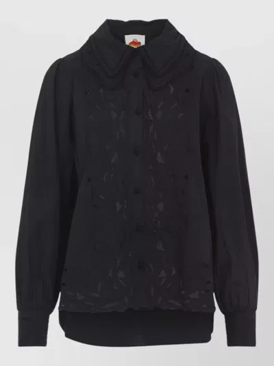 Farm Rio Embroidered Long Sleeve Shirt Lace Collar In Black