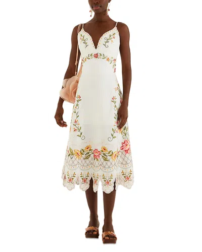 Farm Rio Embroidered Scalloped Midi Dress In White