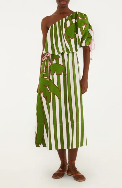 Farm Rio Embroidered One-shoulder Linen Blend Midi Dress In White