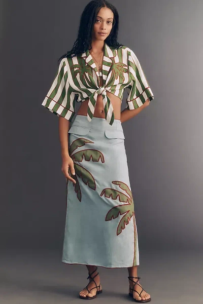 Farm Rio Embroidered Palm Linen Midi Skirt In Blue