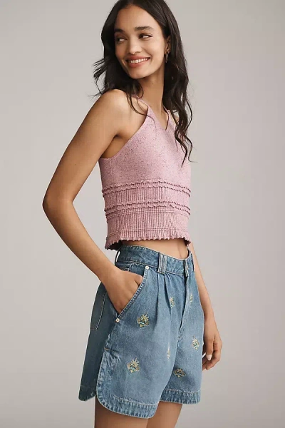 Farm Rio Embroidered Palm Tree Denim Shorts