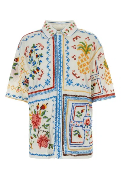 Farm Rio White Shirt With Short Sleeves In Techno Fabric Woman In Multi