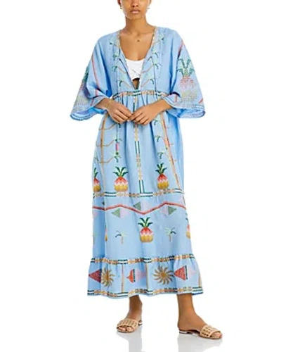 Farm Rio Embroidered Pineapple Maxi Dress Swim Cover-up In Blue