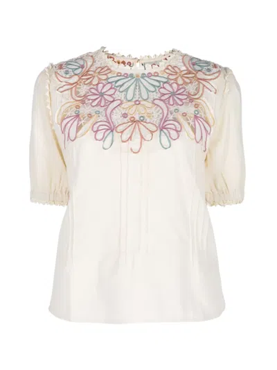 Farm Rio Embroidered Pintuck-detail Blouse In Nude