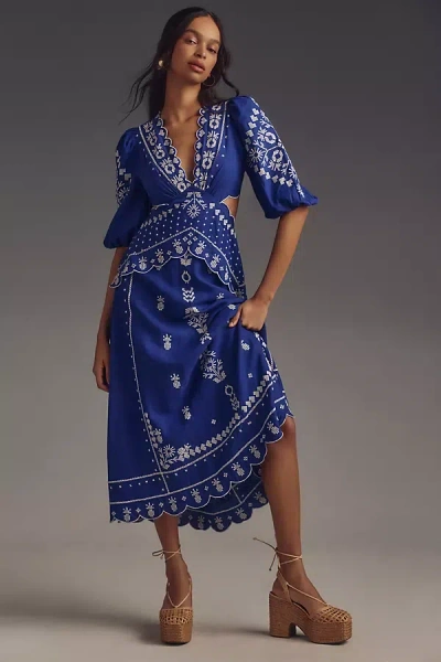 Farm Rio Embroidered Puff-sleeve Cutout Midi Dress In Blue