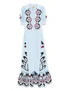 Farm Rio Embroidered Puff-sleeve Maxi Dress In Blue