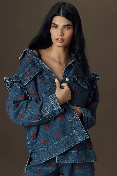 Farm Rio Embroidered Ruffle Denim Jacket In Blue