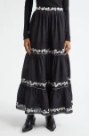 Farm Rio Black Embroidered Ruffled Maxi Skirt Black In Black