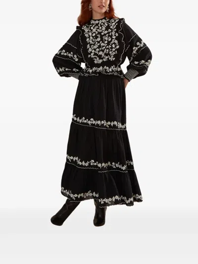 Farm Rio Embroidered Ruffled Top In Black