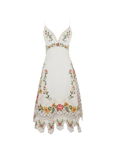 Farm Rio Floral-embroidered Linen Midi Dress In Multi