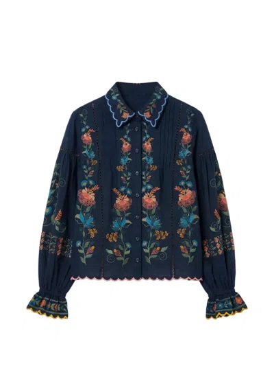 Farm Rio Embroidered Scalloped-edge Shirt In Blue