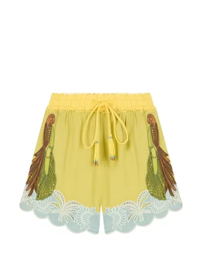 Farm Rio Embroidered Scalloped-hem Mini Shorts In Yellow