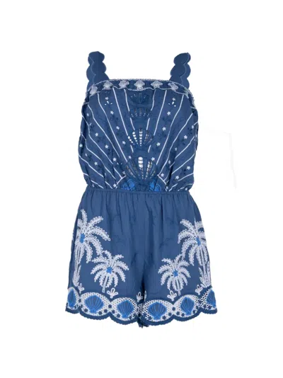 Farm Rio Embroidered Scalloped-strap Romper In Blue