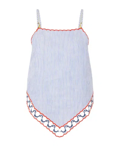 Farm Rio Embroidered Striped Linen Coverup In Blue