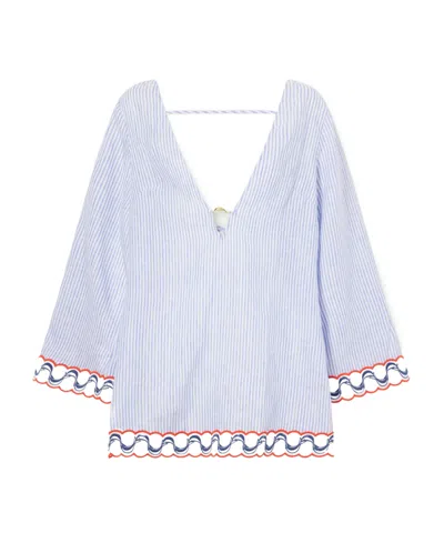 Farm Rio Embroidered Striped Linen Coverup In White