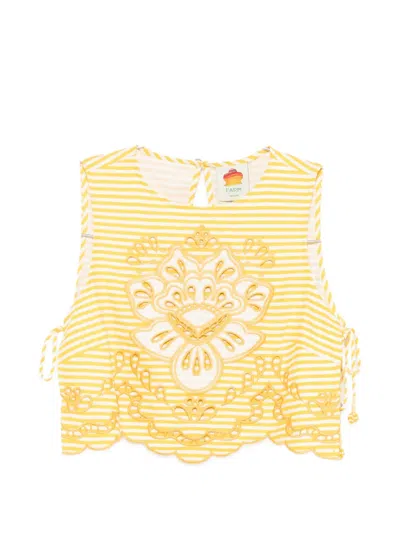 Farm Rio Embroidered Striped Top In Yellow