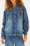 Farm Rio Embroidered Studded Denim Jacket In Blue