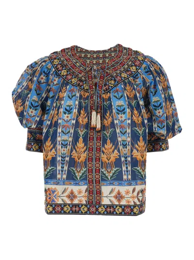 Farm Rio Embroidered Tapestry Blue Short Sleeve Blouse In Multi